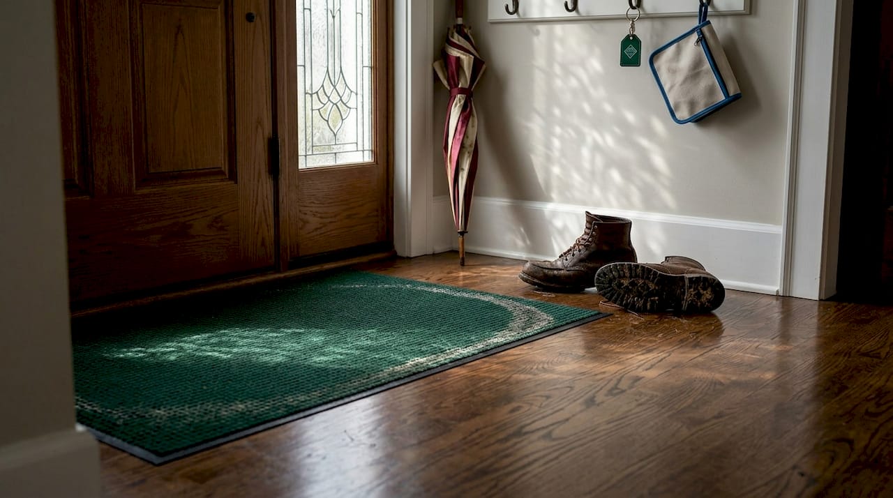 Entryway mat and boots protecting hardwood floor