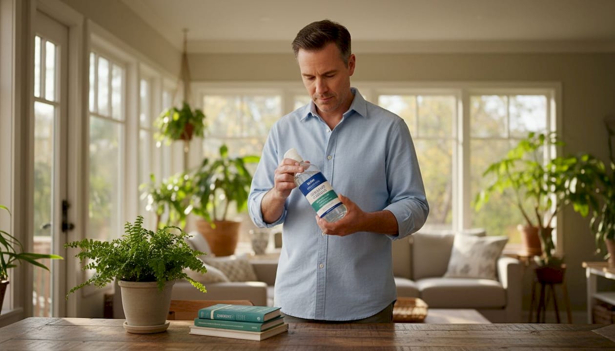 Man checking label on organic cleaner bottle