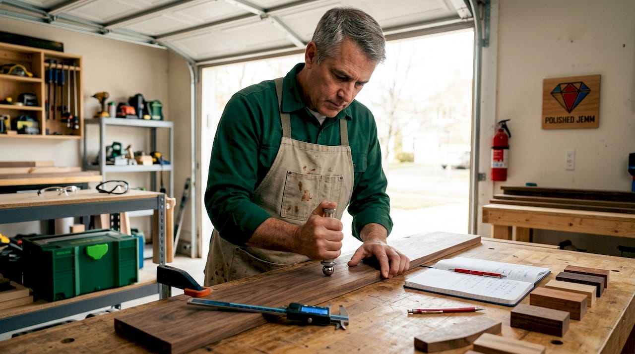 Flooring expert performing Janka hardness test on oak