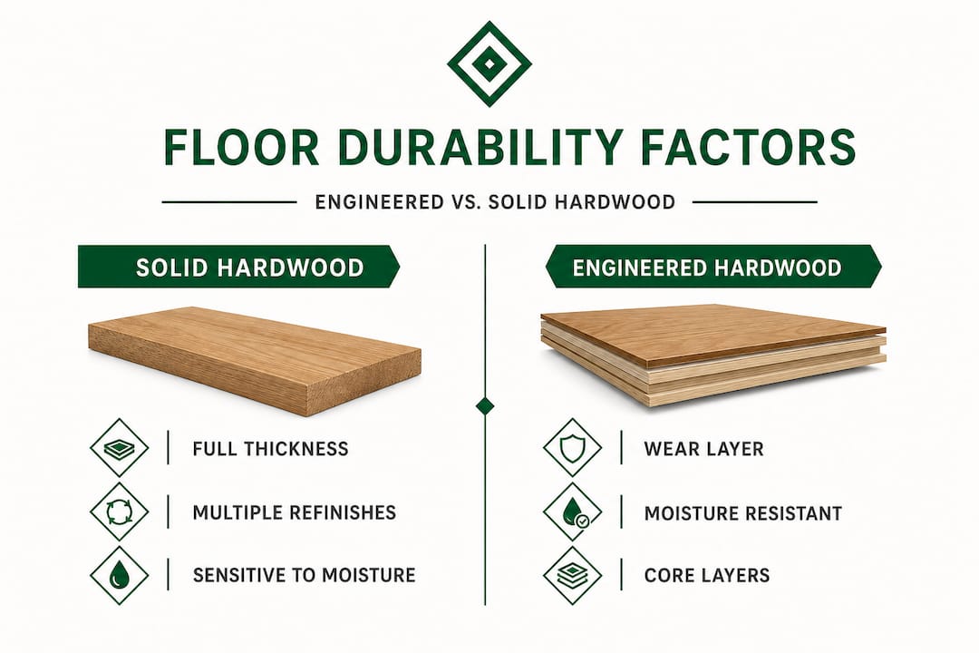 Split infographic comparing engineered and solid hardwood durability