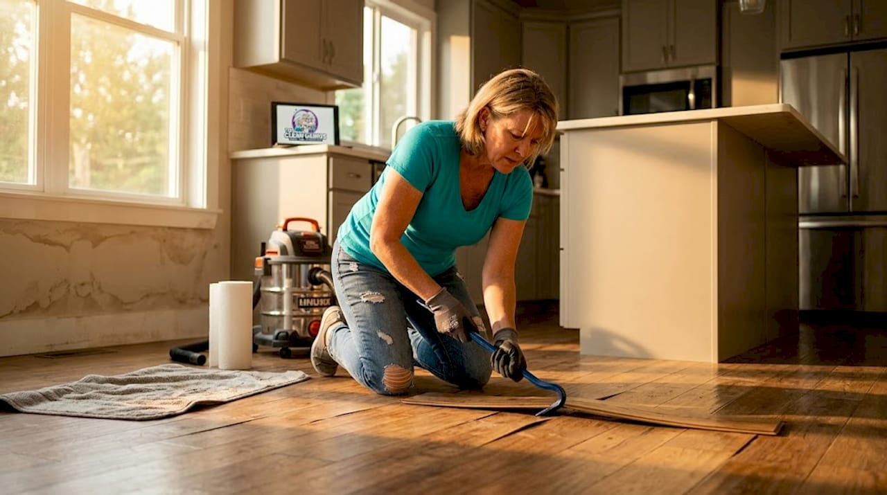 Homeowner removes water-damaged hardwood flooring
