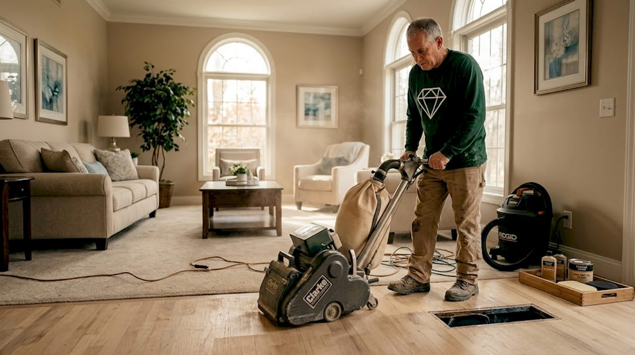 Professional sanding hardwood floor in living room