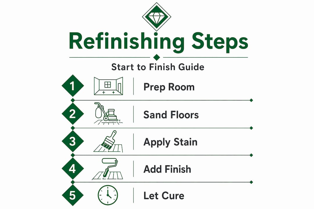 Infographic showing five steps to refinish hardwood floors