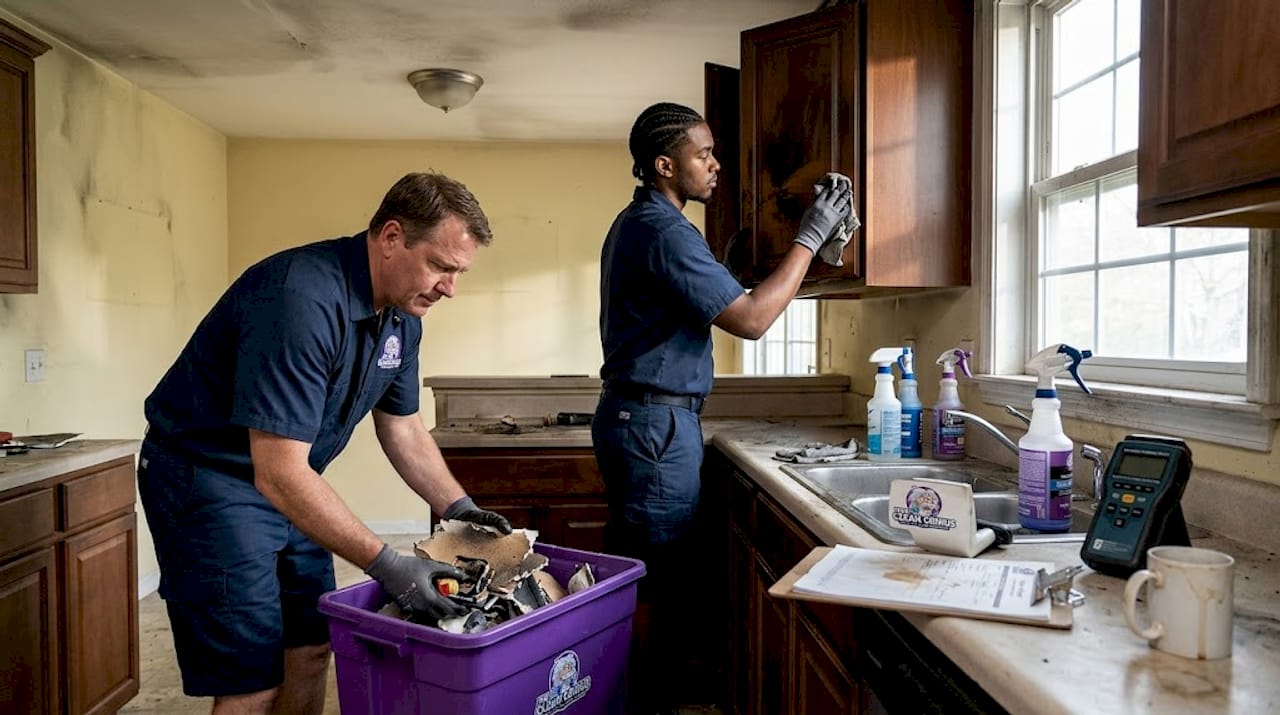 Restoration crew cleaning fire-damaged kitchen