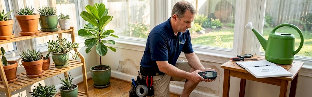 Technician measures moisture in water-damaged wall