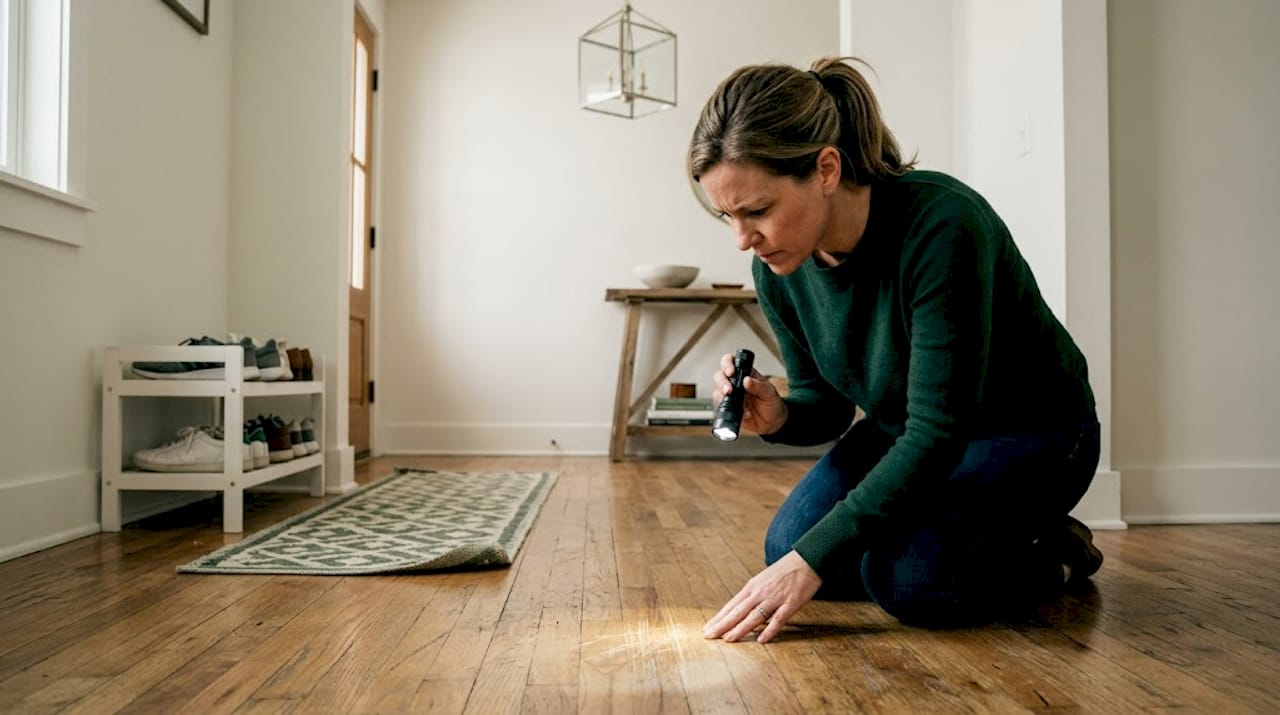 Homeowner inspecting scratched hardwood floor surface