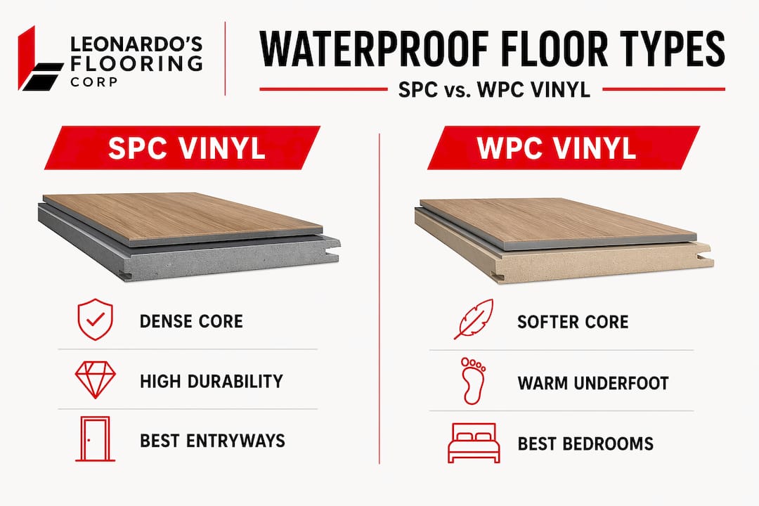 Infographic comparing SPC and WPC waterproof vinyl