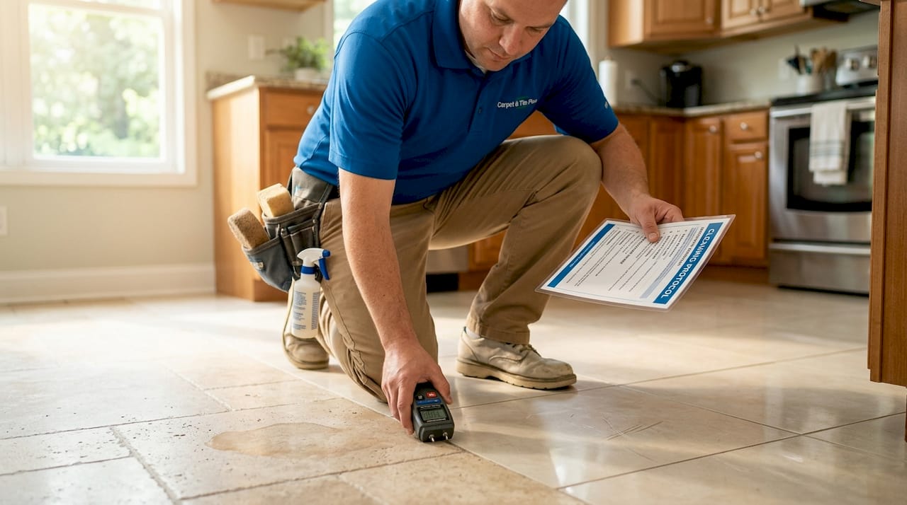 Technician comparing stone and porcelain tile cleaning