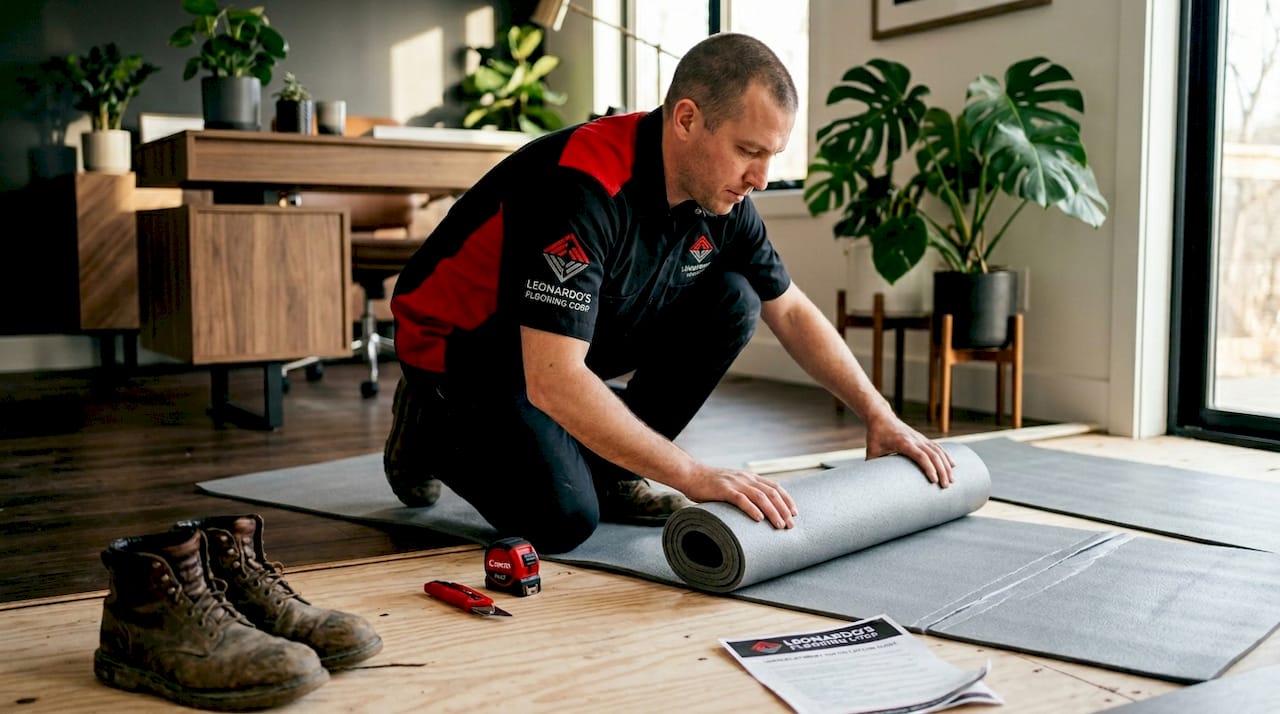 Contractor rolling out flooring underlayment