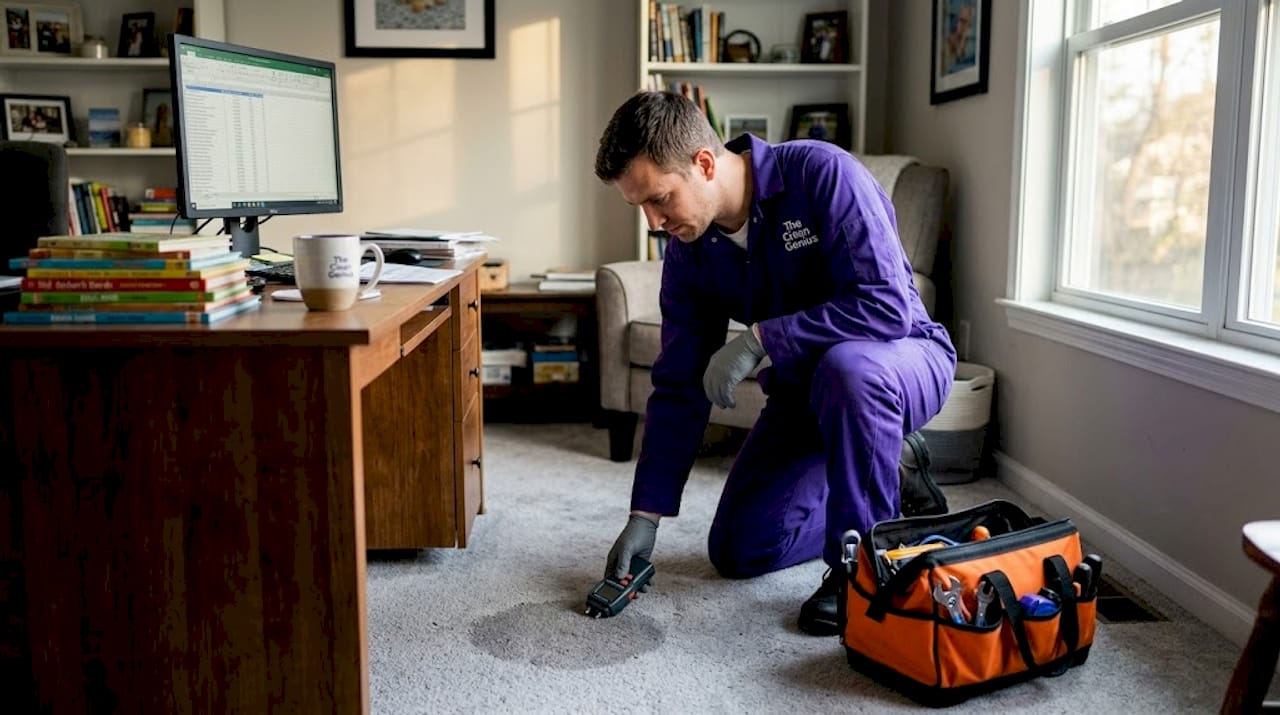 Technician tests wet carpet with moisture meter