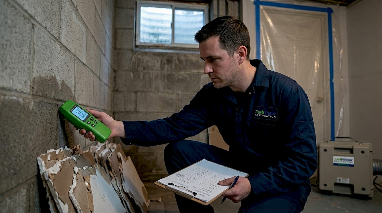 Technician checking moisture during mold remediation