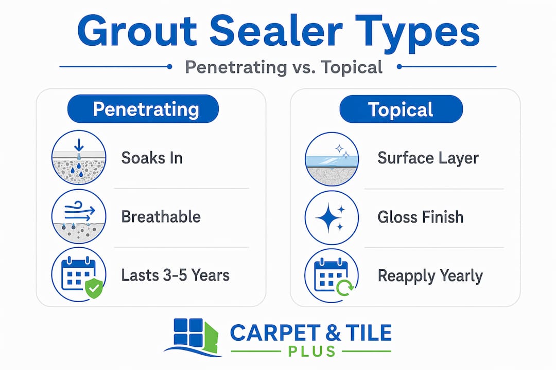 Infographic comparing penetrating and topical grout sealers