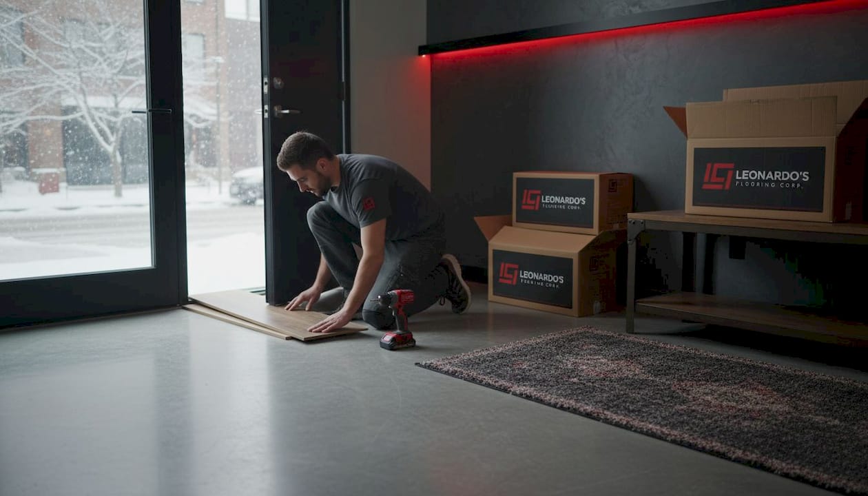 Installer fitting vinyl planks in entryway