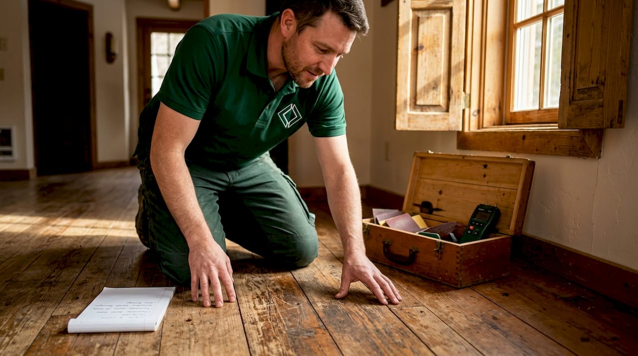 Contractor examining damaged hardwood flooring