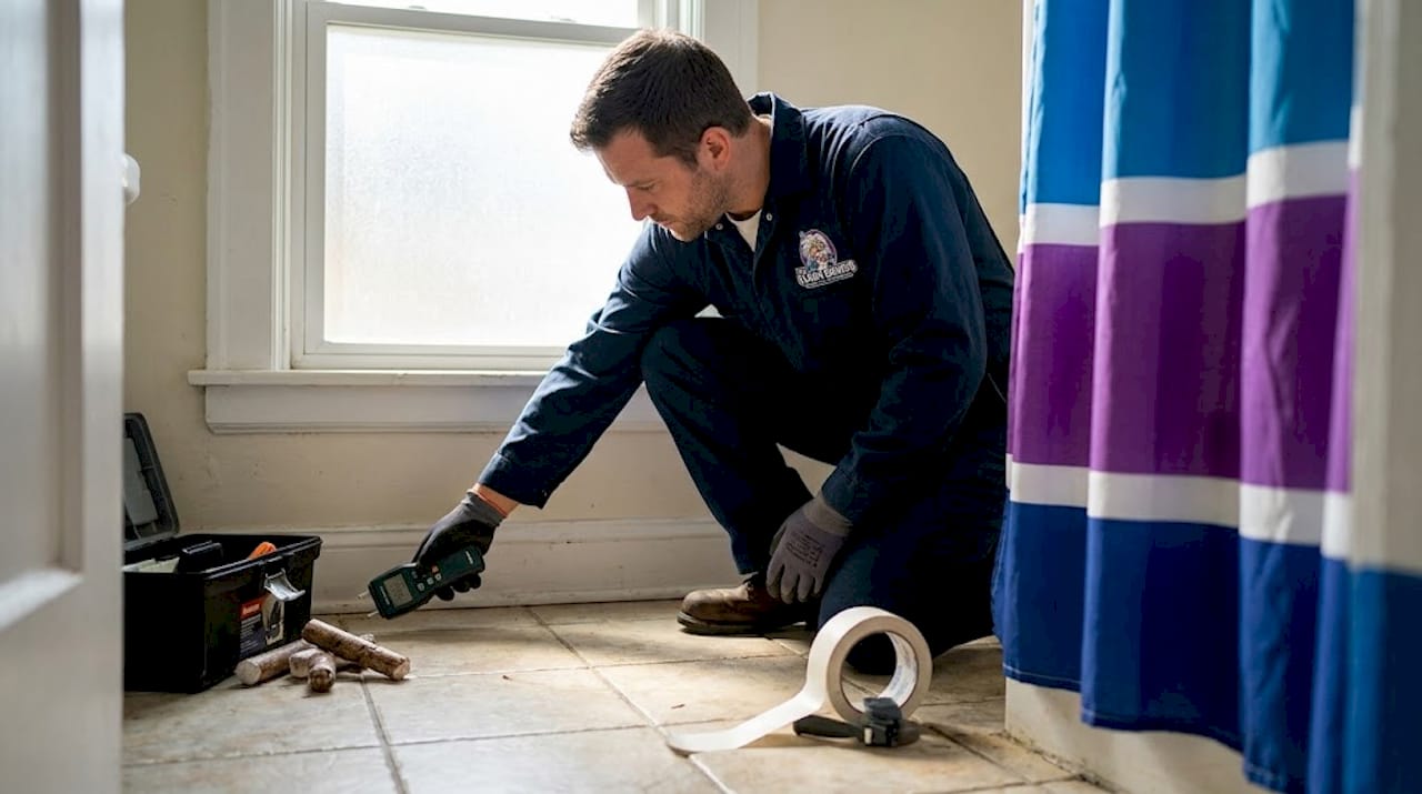 Technician checks for hidden moisture in living room