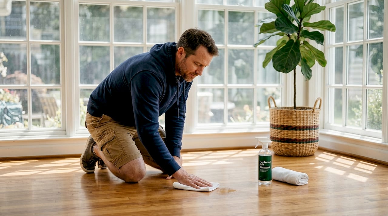 Man deep cleaning hardwood floor entryway