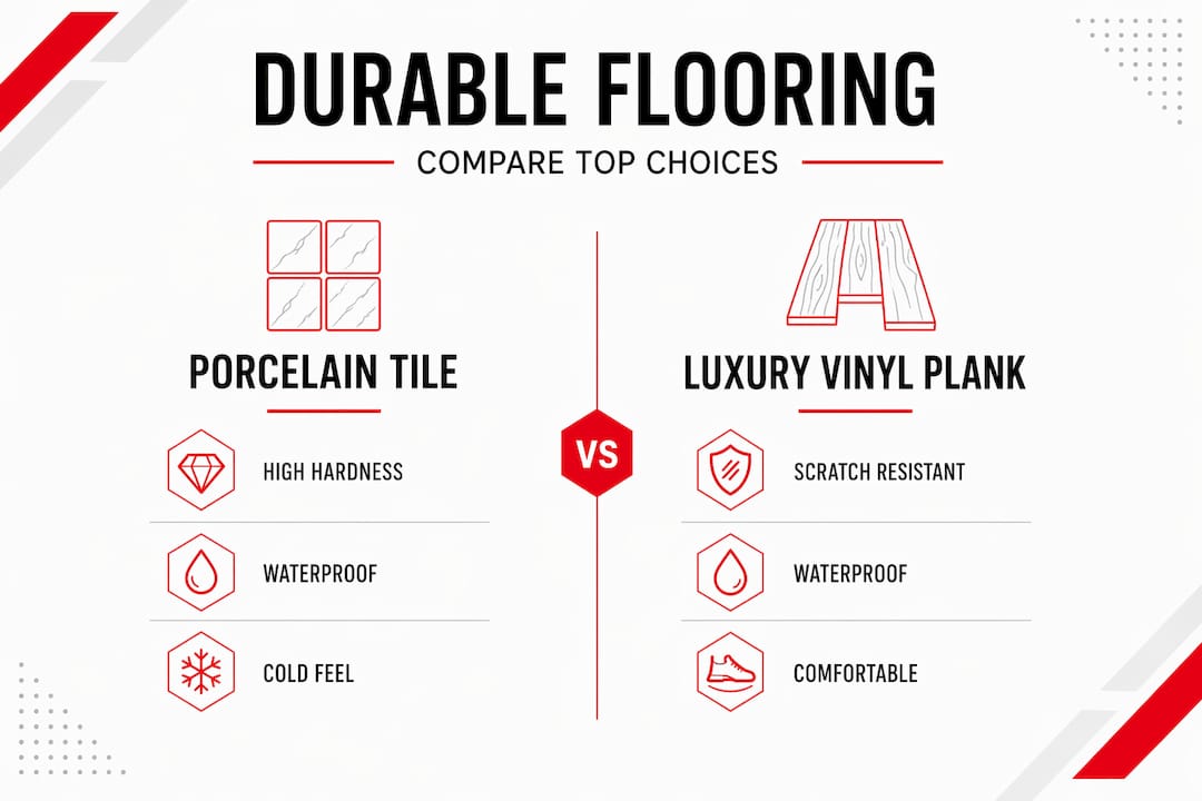 Infographic comparing porcelain tile and luxury vinyl plank