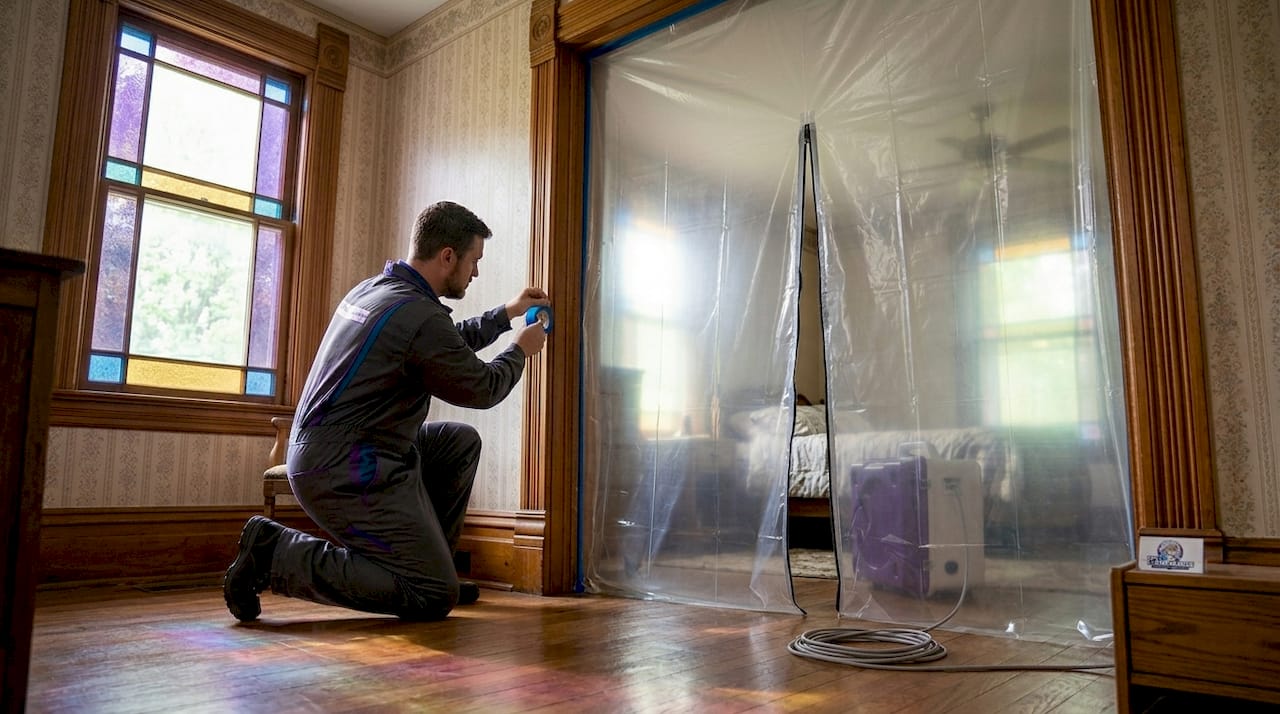 Workers setting up containment barrier in home