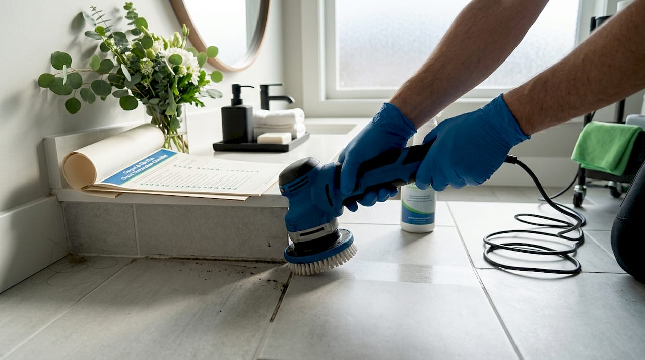 Close-up of grout cleaning process in kitchen