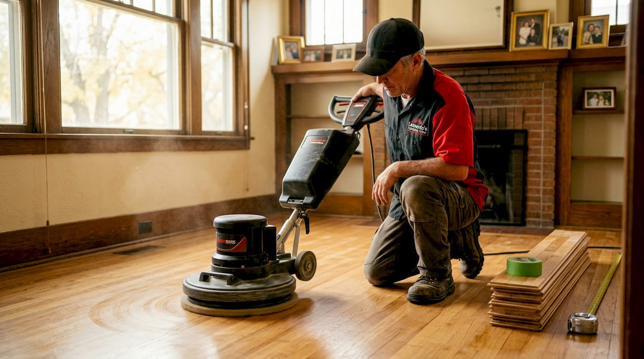 Contractor refinishing hardwood floors in Denver home