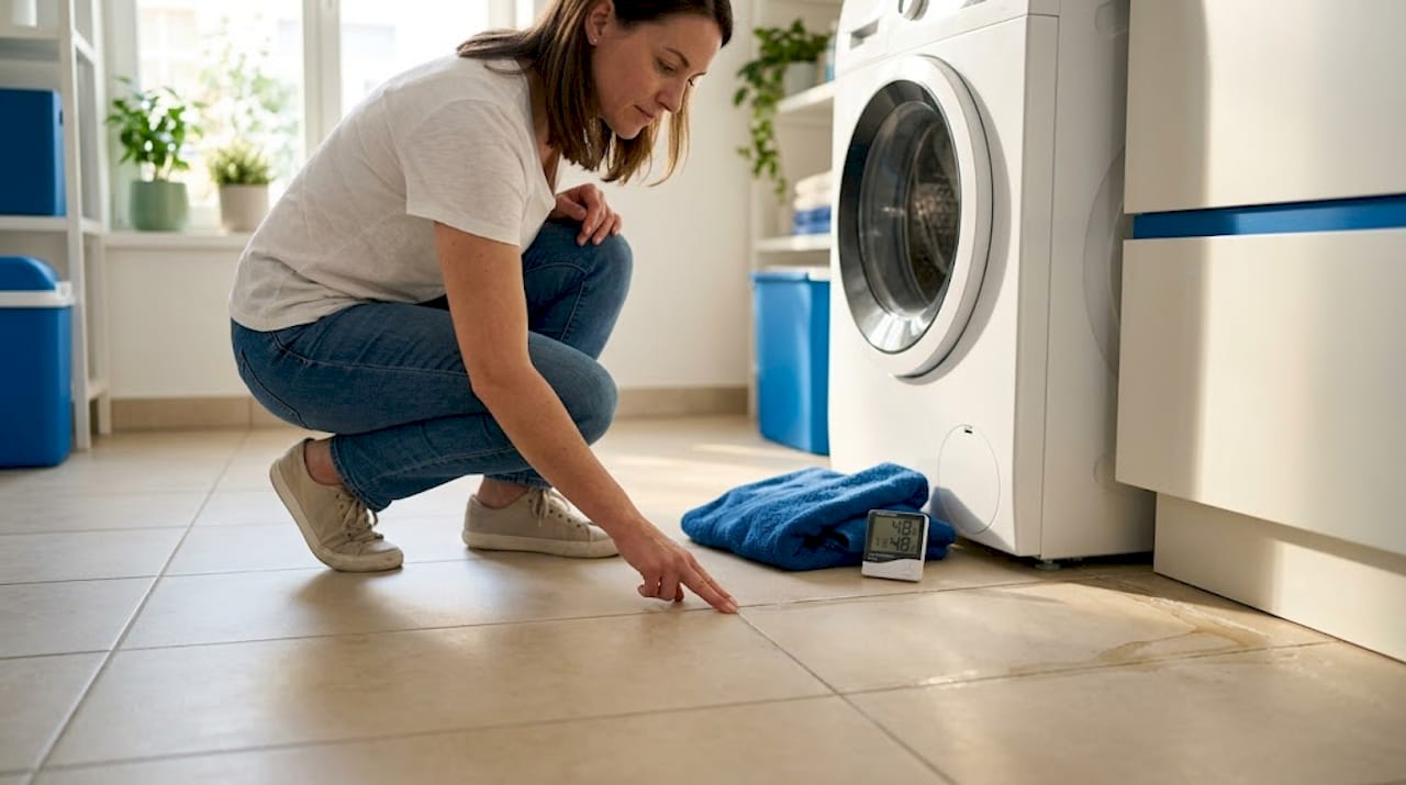 Person checking bathroom grout dry before sealing