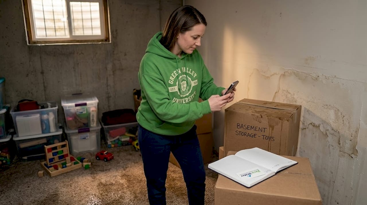 Homeowner photographing water damage in basement