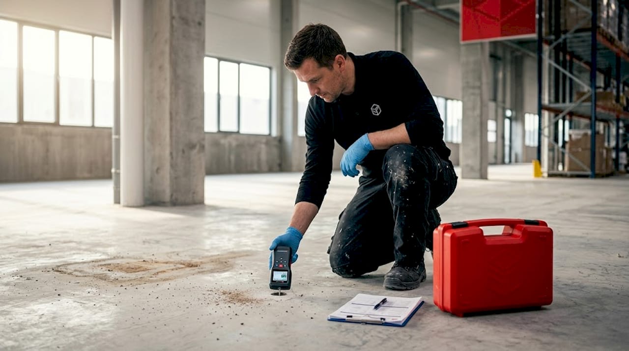 Technician performing concrete slab moisture test