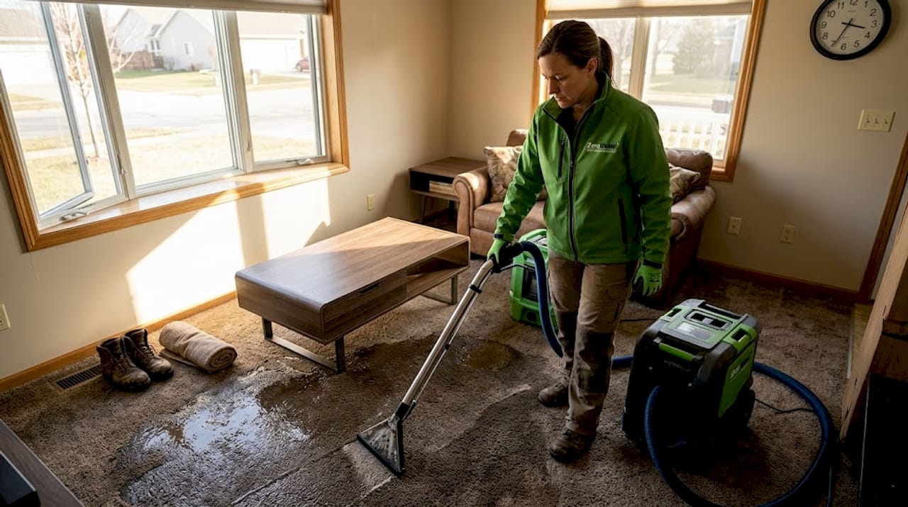 Technician uses portable extractor on wet carpet