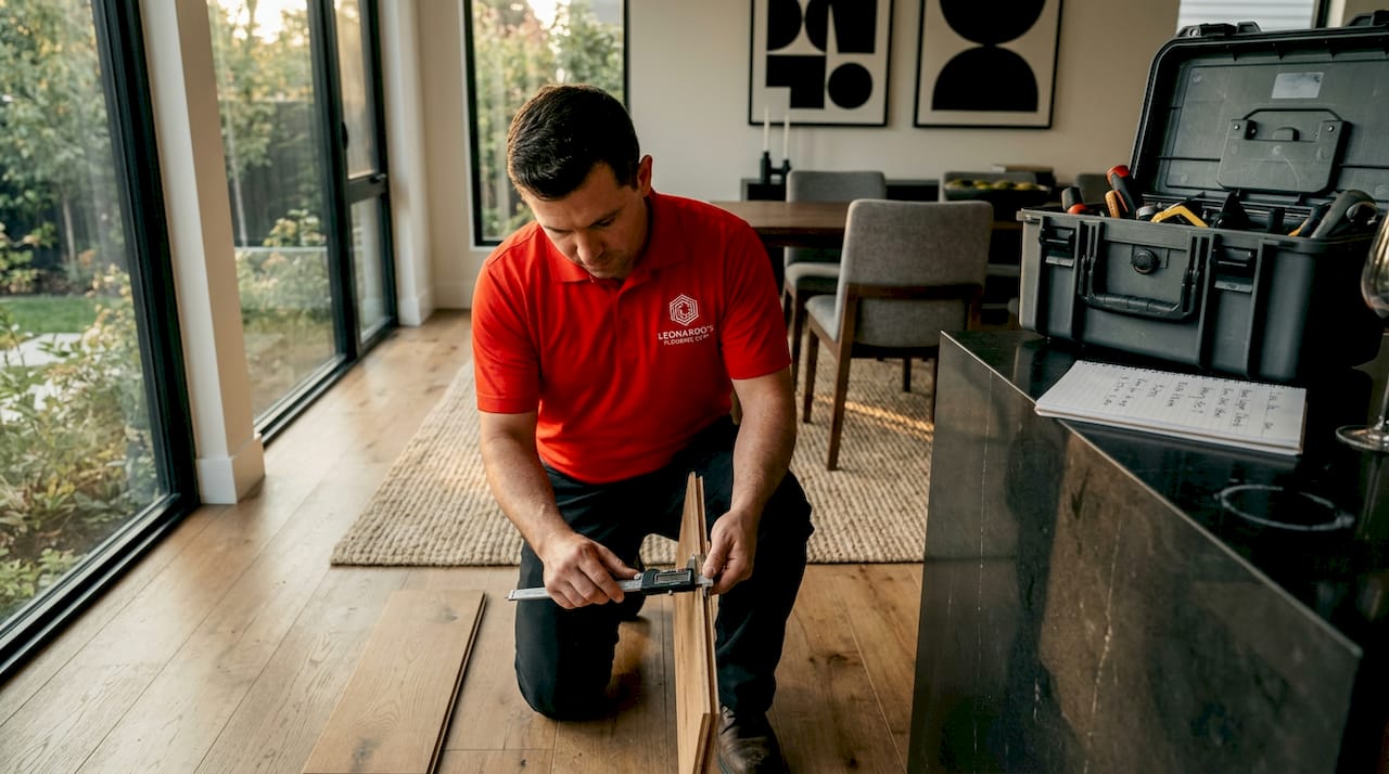 Contractor checking engineered hardwood thickness