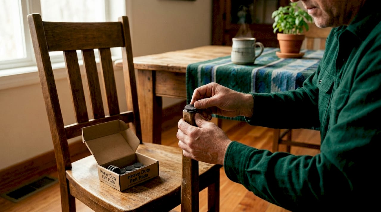 Man attaching felt pads to chair on hardwood