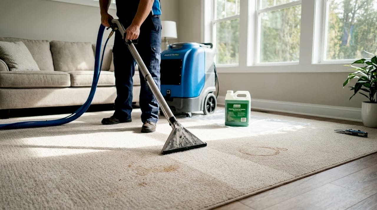 Technician using extraction machine on Berber carpet