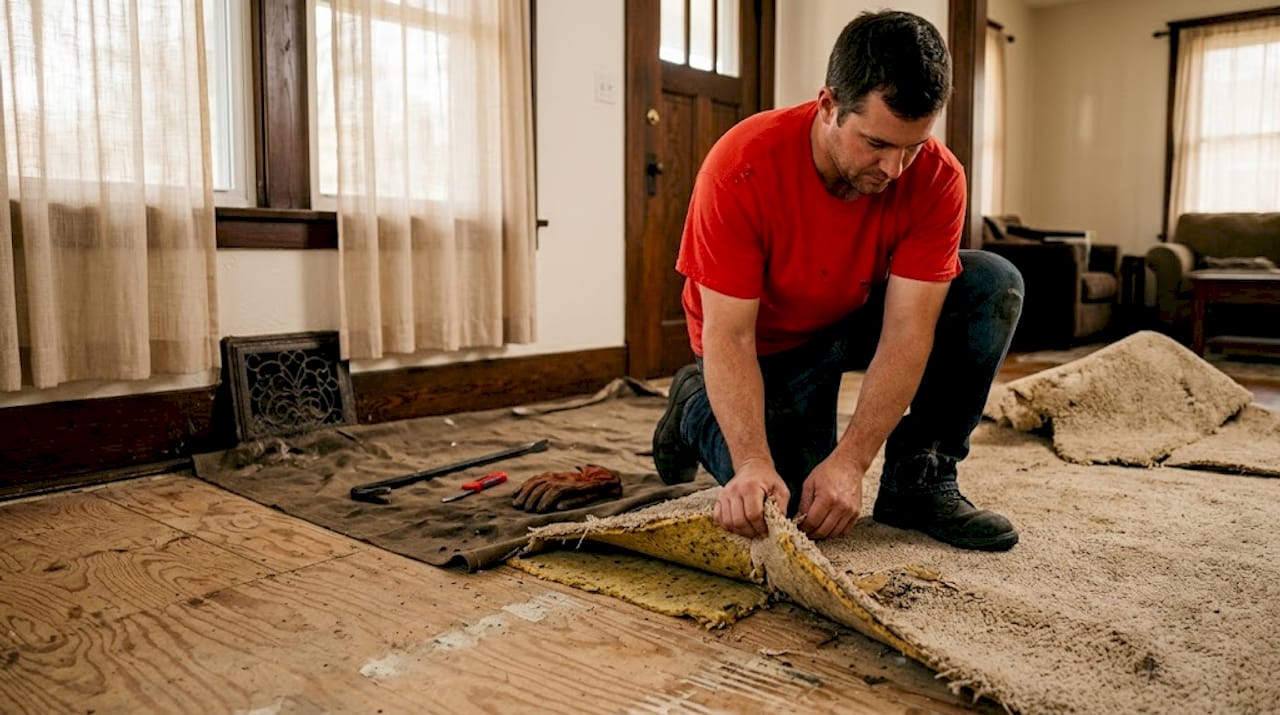 Installer exposing plywood subfloor during flooring demo