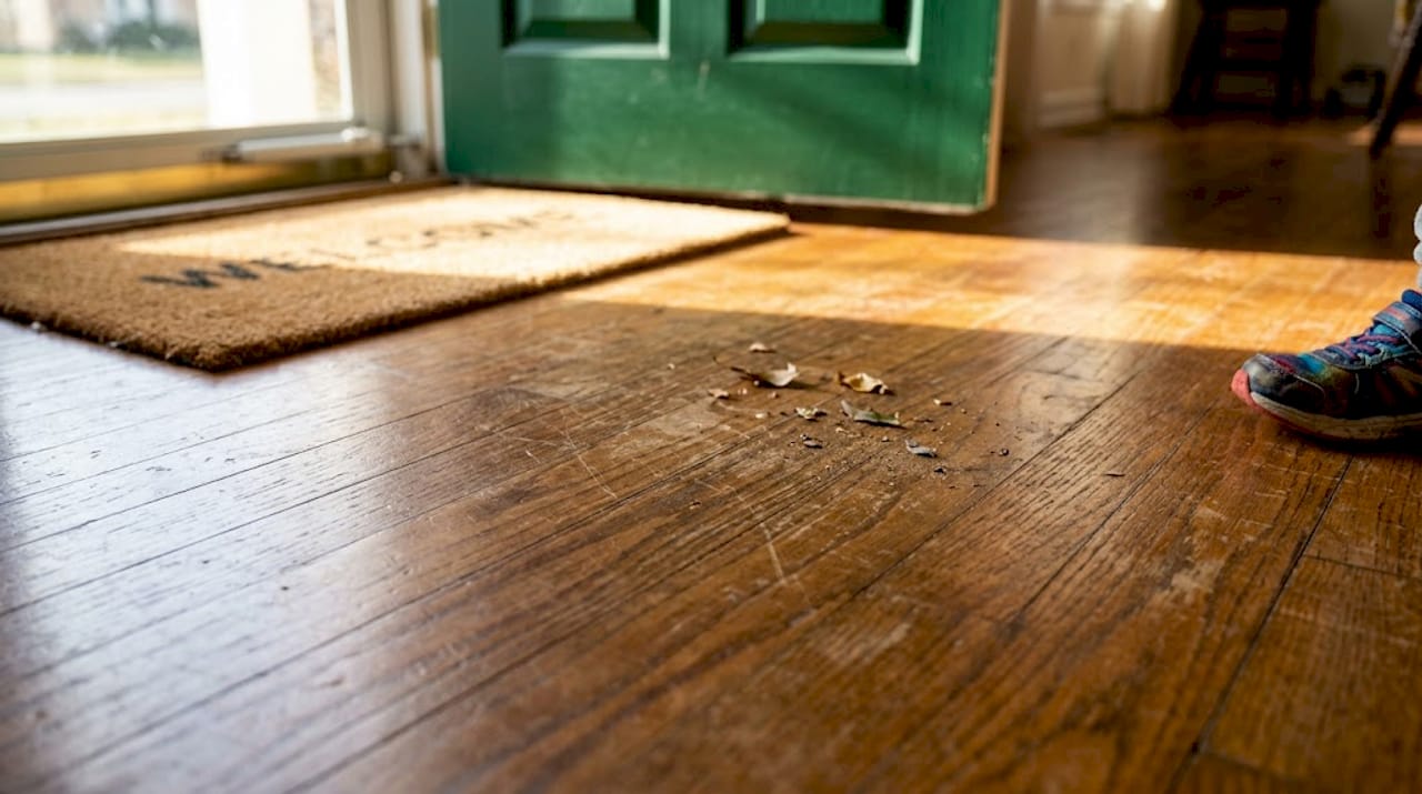 Scratched and faded hardwood floor closeup