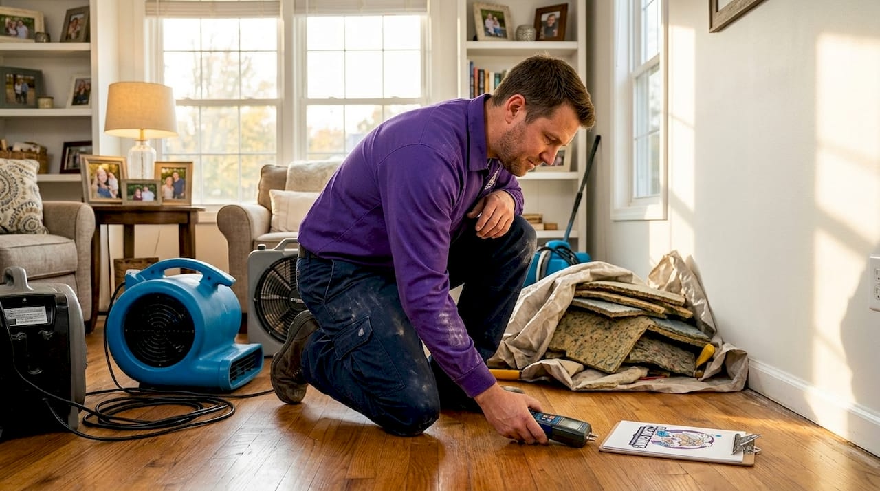 Restoration technician using drying equipment on living room floor