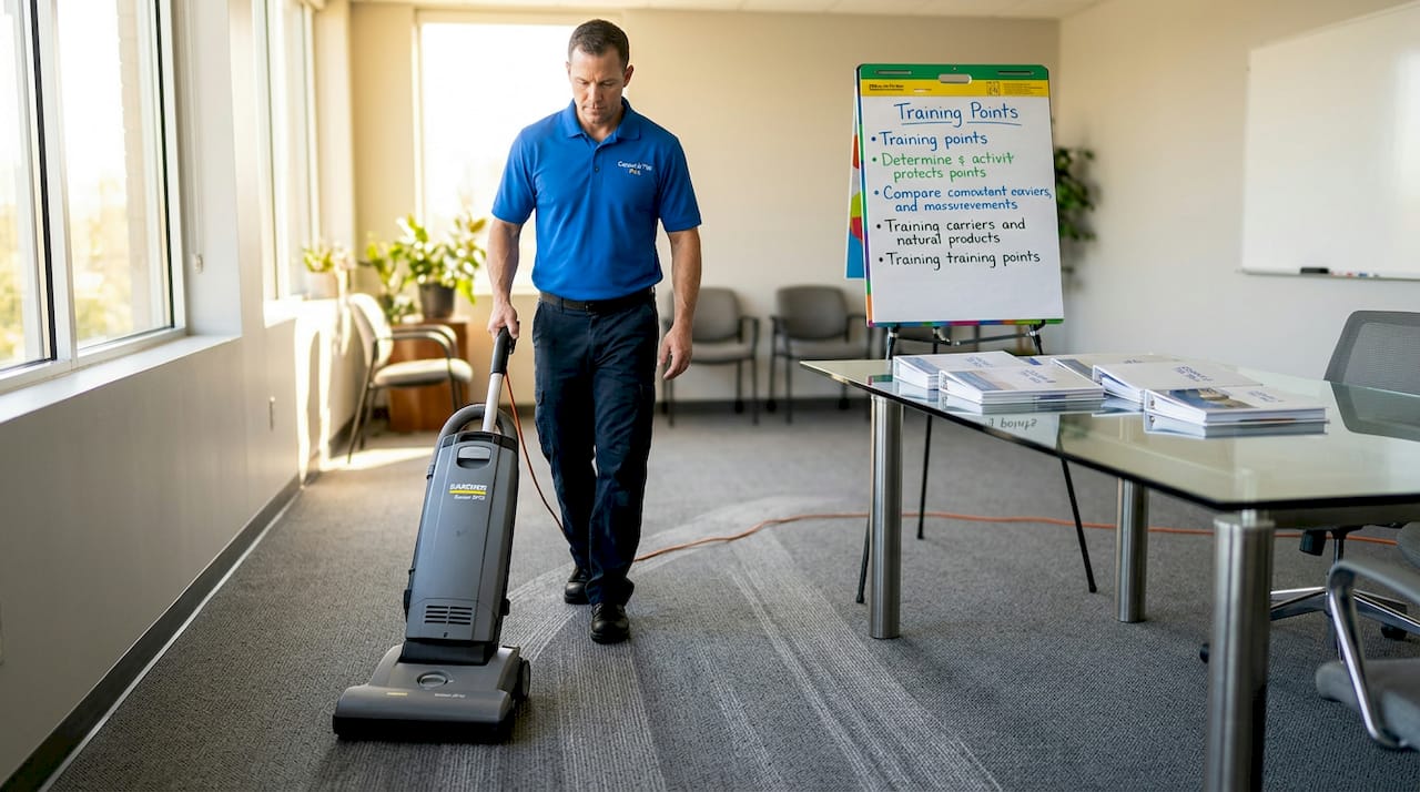 Technician using upright vacuum on office carpet