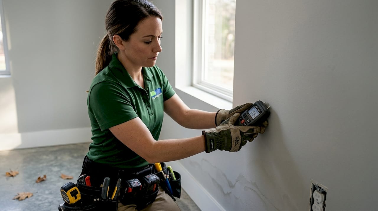 Moisture meter checking wall in home
