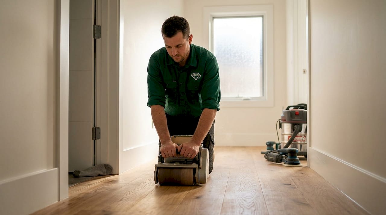 Professional sanding hardwood hallway floor