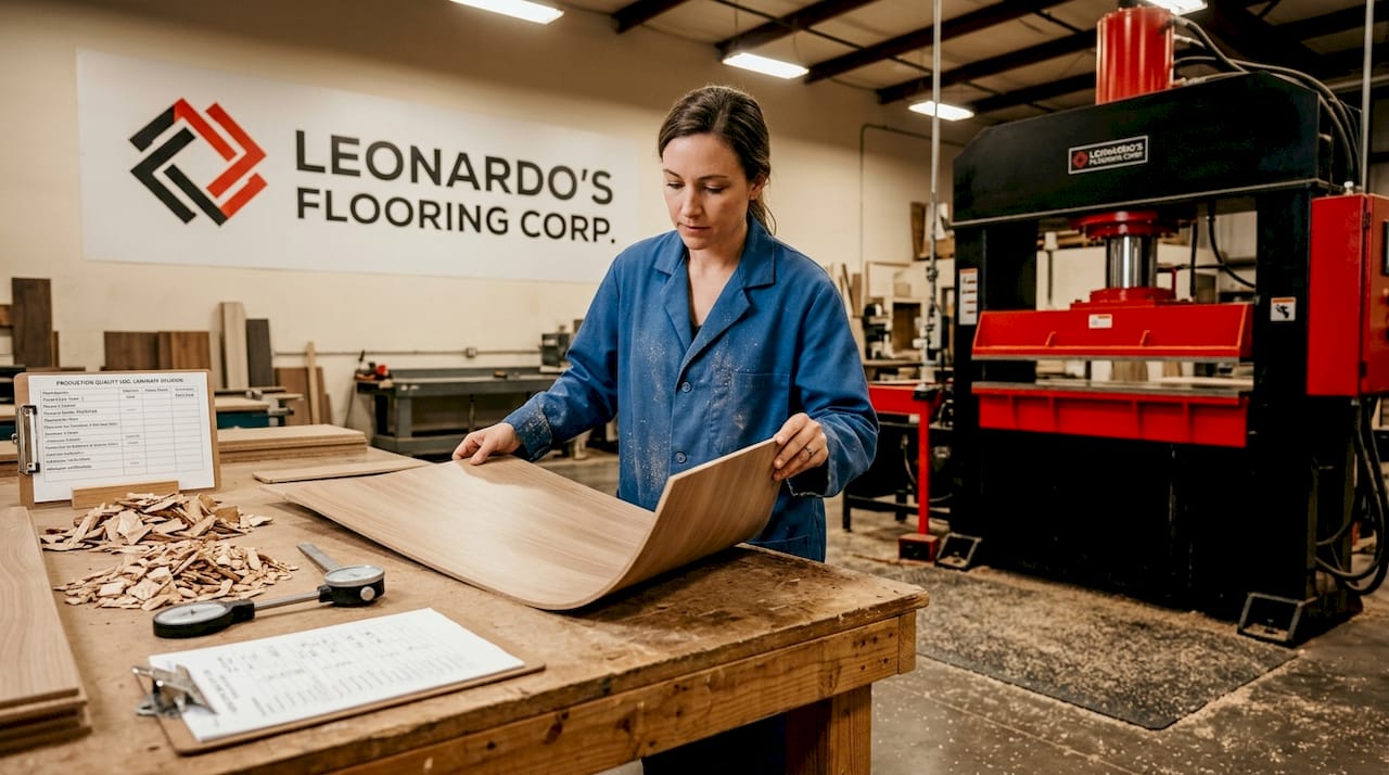Technician inspecting new fiberboard laminate panel