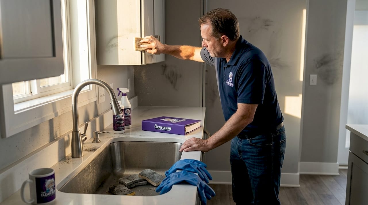 Man cleaning soot from kitchen wall