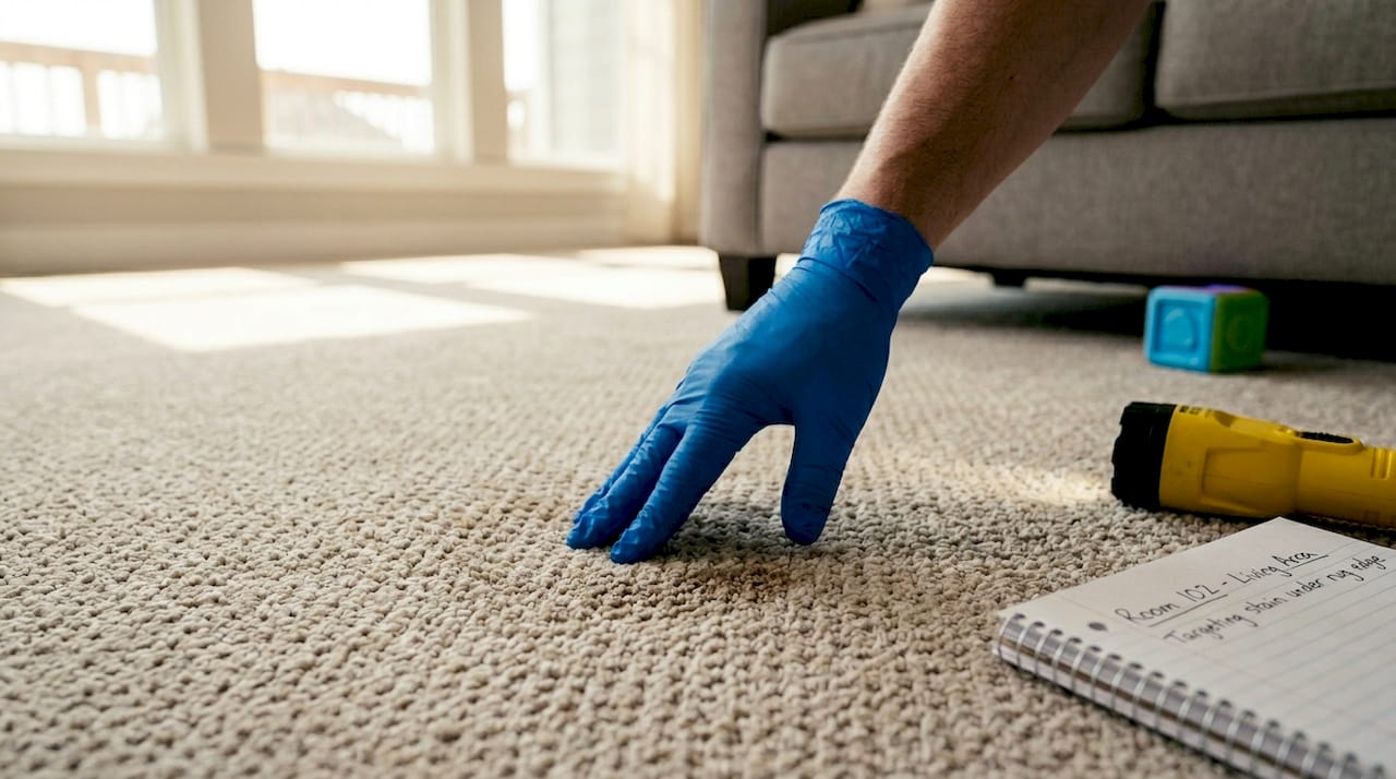 Gloved hand examines carpet ripple and stain