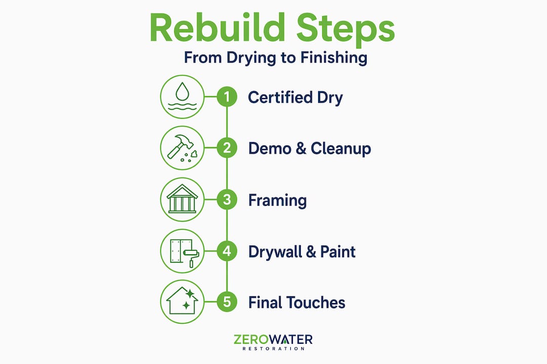Infographic shows five key water damage rebuild steps
