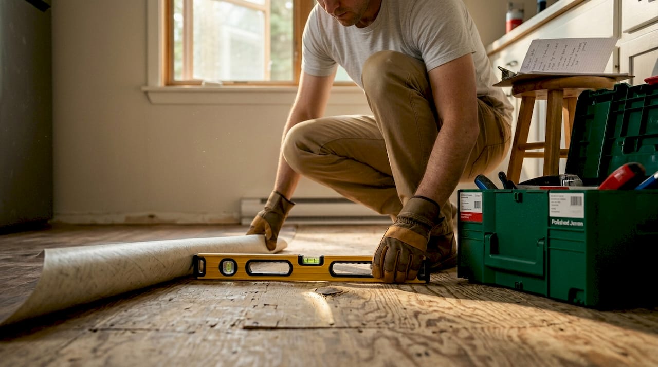 Contractor checks kitchen subfloor flatness