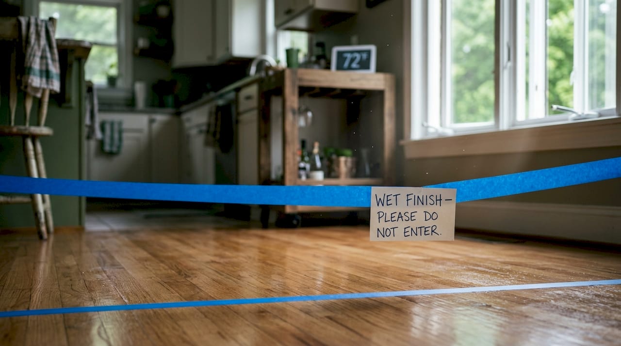 Curing hardwood floor with taped doorway