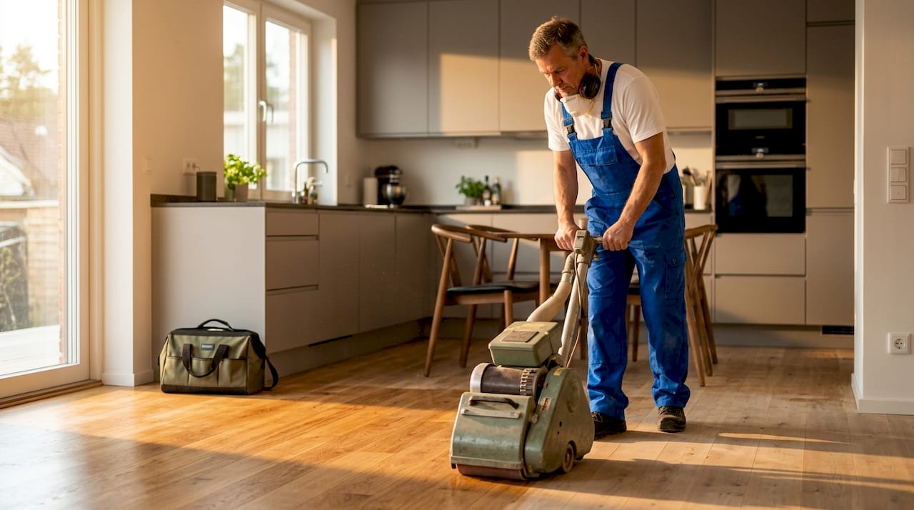 Flooring specialist sanding hardwood in lived-in room