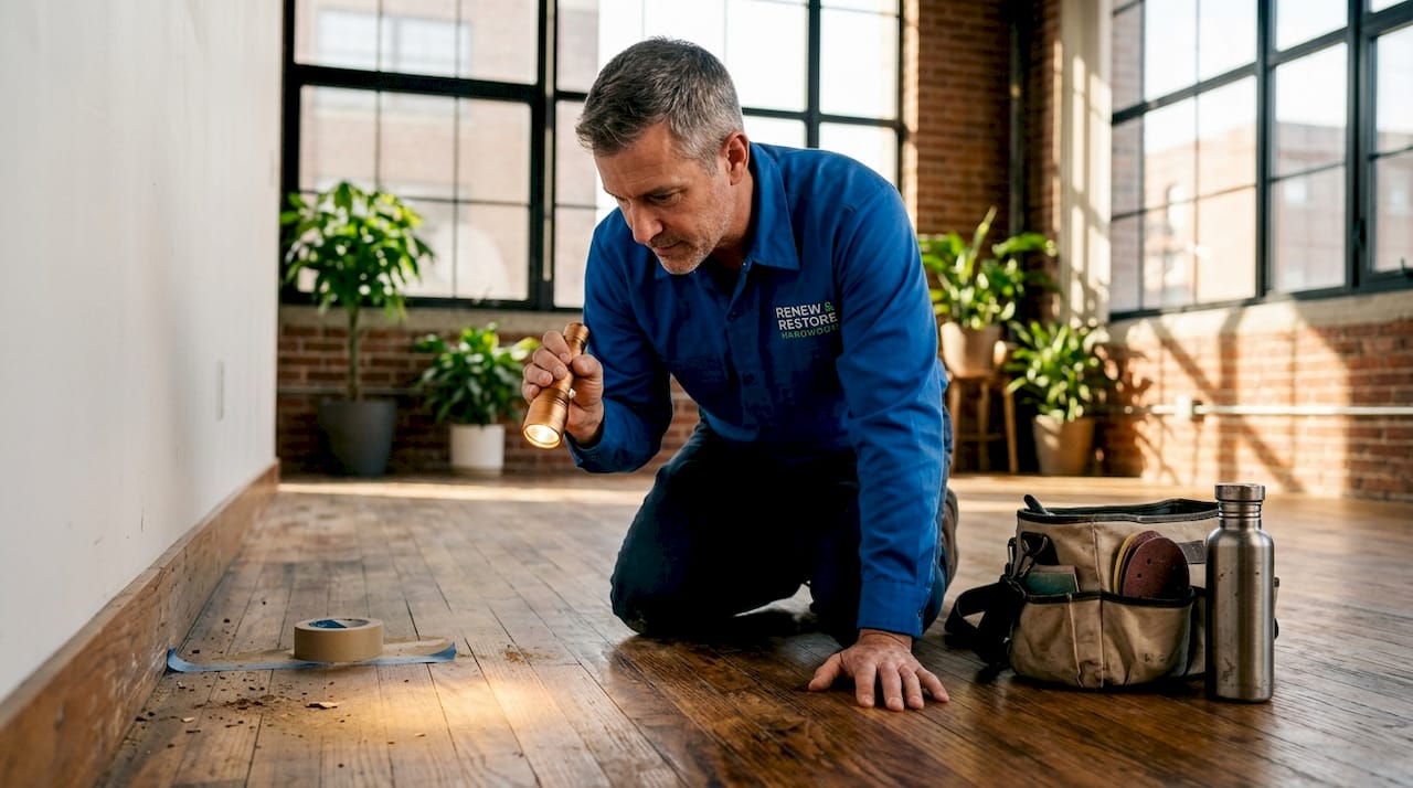 Restorer examining high end hardwood floor