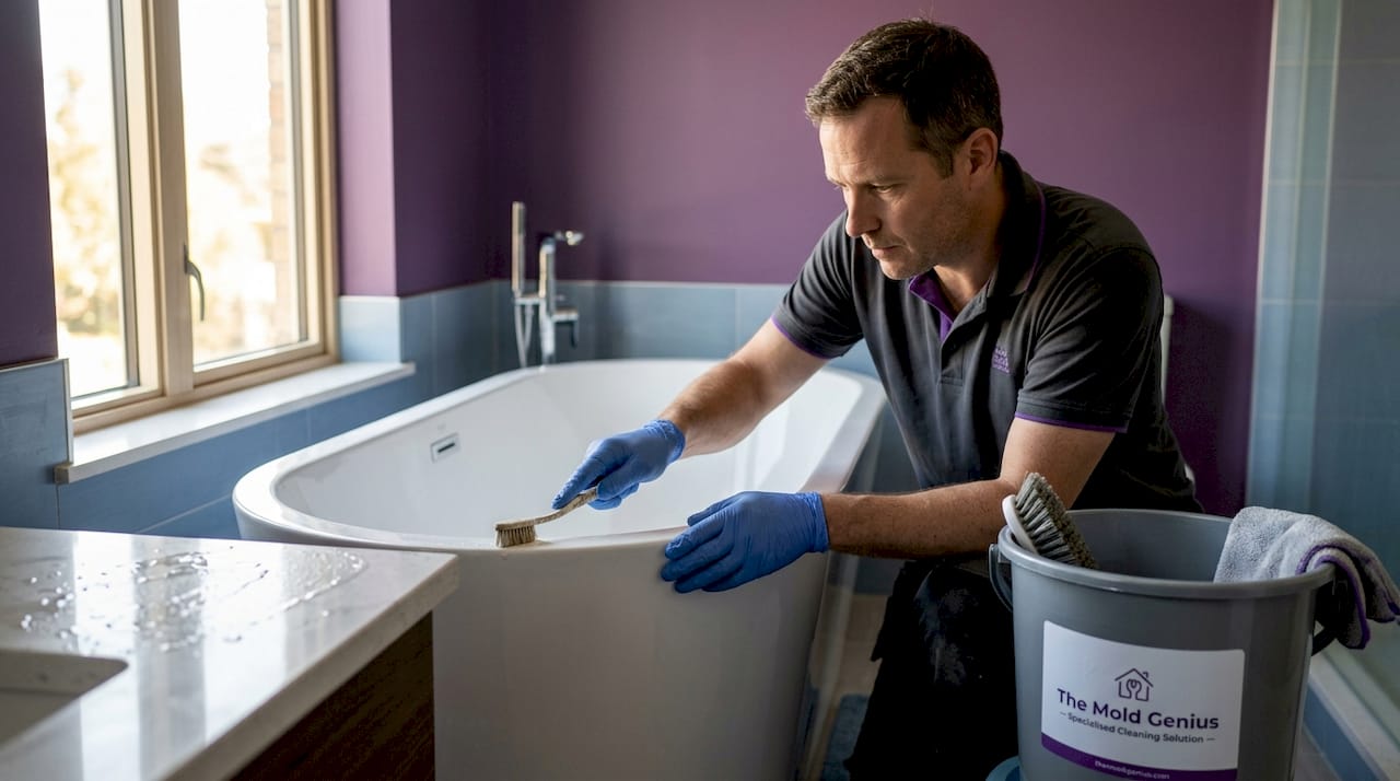 Man scrubbing bathroom caulk to remove mold