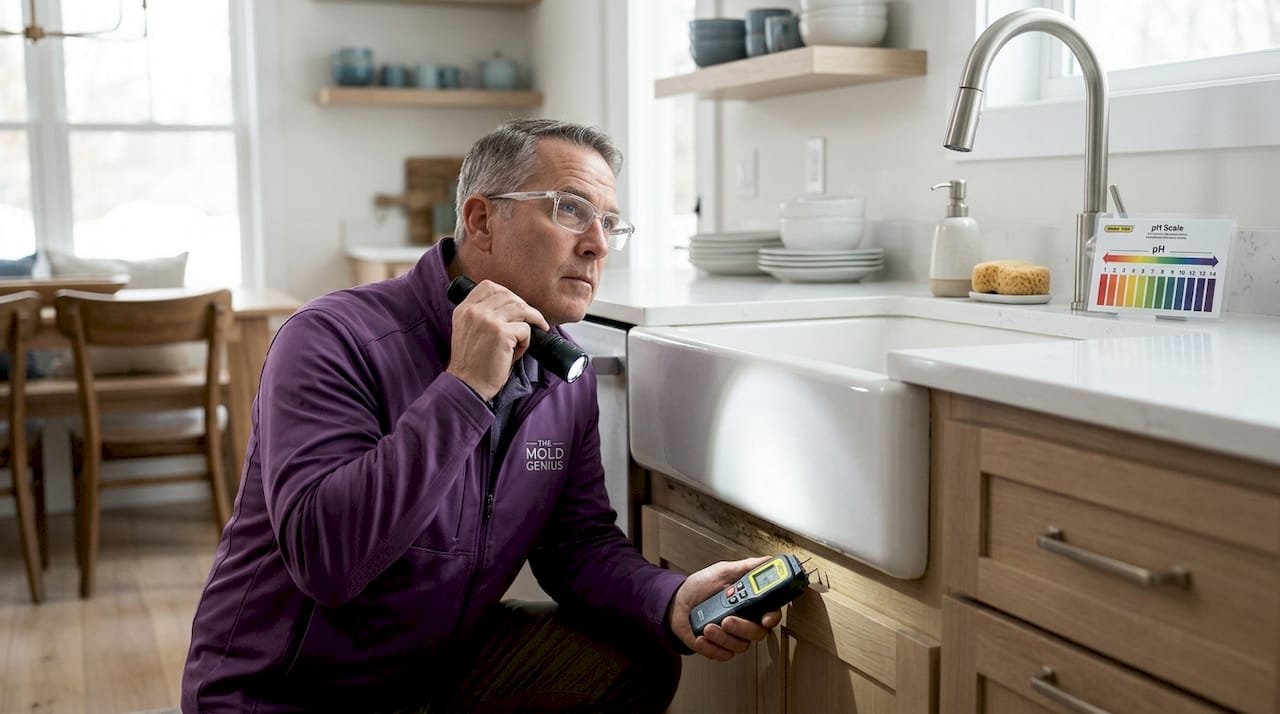 Inspector checking for mold under kitchen sink