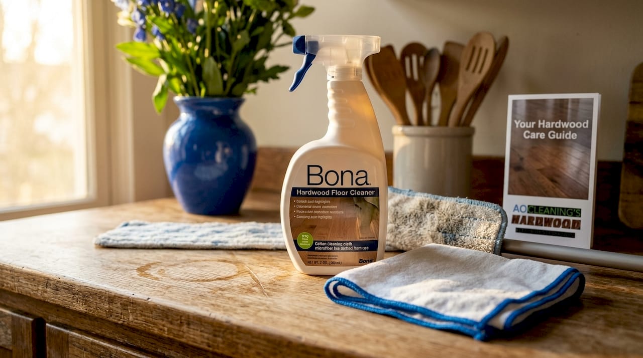 Bona cleaner bottle with mop and cloth