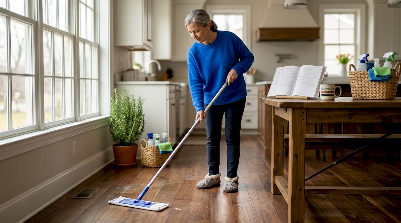 Woman mopping hardwood floor in bright living room