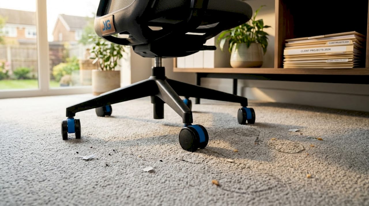 Close-up of worn home office carpet